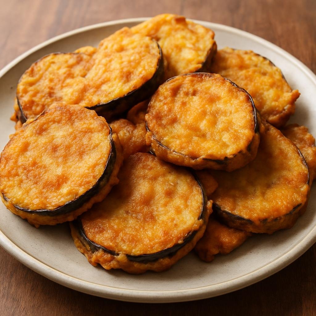 Entree: India – Bengal – বেগুনি ➤ Beguni (Sliced eggplant coated in a spiced chickpea-flour batter and deep-fried until crisp) recipe