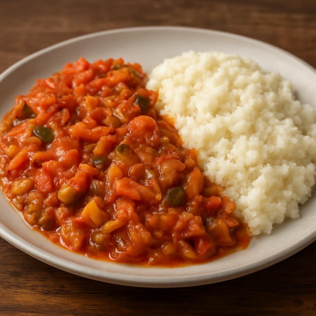Entree: South Africa – Johannesburg & Gauteng – Chakalaka with Pap (Spicy South African vegetable relish served alongside coarse maize porridge) recipe