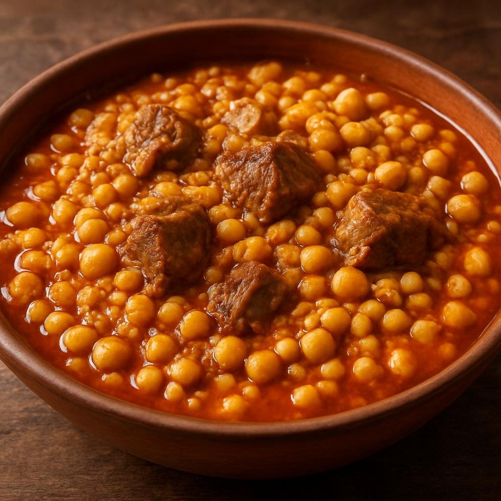 Entree: Algeria – Kabylie – Tlitli (Kabyle slow-simmered small pasta stew with lamb and chickpeas in a spiced tomato-broth) recipe