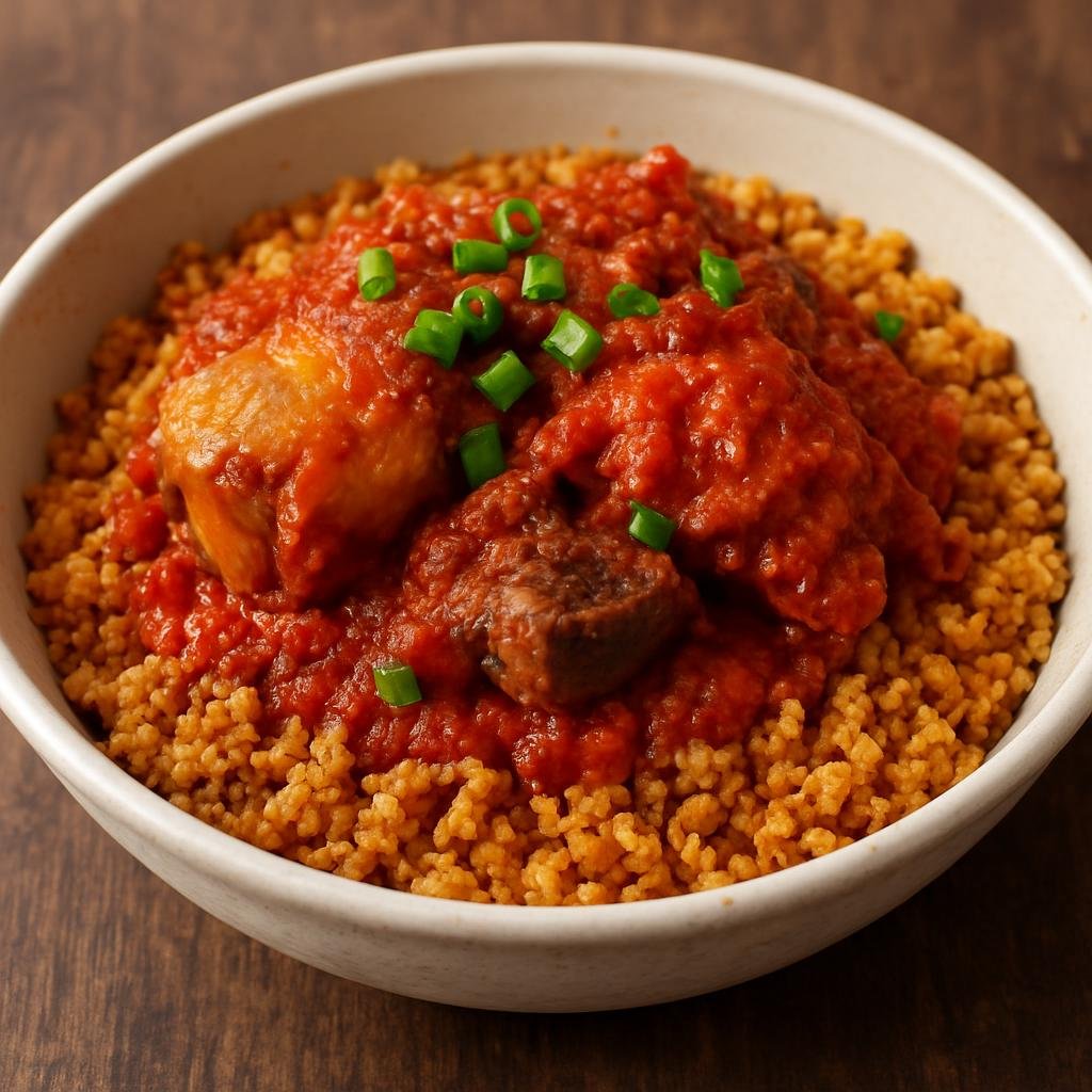 Entree: Ghana – Ghanaian Street Food – Gari Foto (Fried cassava granules tossed with a spiced tomato stew and protein, a popular Ghanaian street-food meal) recipe