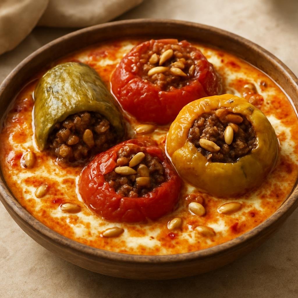 Entree: Syria – Euphrates Valley – شيخ المحشي ➤ Sheikh al-Mahshi (Rich stuffed vegetables filled with spiced minced lamb and pine nuts, simmered in a yogurt-tomato sauce) recipe