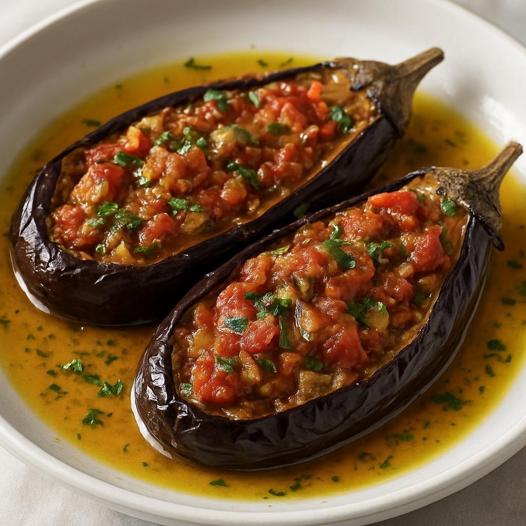 Entree: Bulgaria – Southern Culinary Region – Imam Bayildi (Slow-braised stuffed eggplants in abundant olive oil with onions, tomatoes, and garlic) recipe