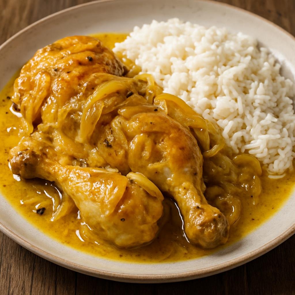 Entree: Central African Republic – Southern Culinary Region – Yassa Chicken (Chicken marinated and braised in a tangy onion, lemon, and mustard sauce, typically served with rice) recipe