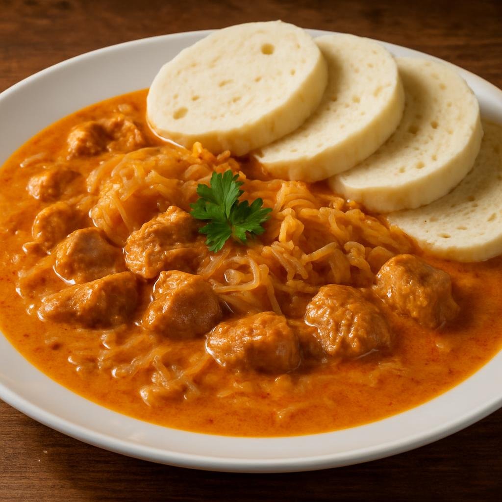 Entree: Czechia – Prague Pub Classics – Segedínský Guláš (Czech pork and sauerkraut goulash in a creamy paprika sauce) recipe