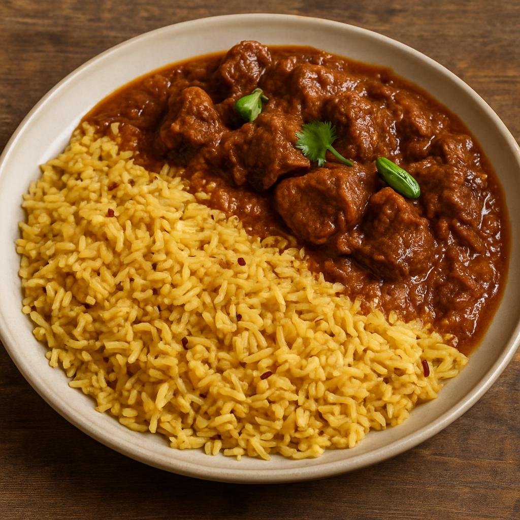 Entree: Djibouti – Southern Culinary Region – Bariis Maraq (Aromatic spiced rice served with a savory meat stew typical of Djibouti and Somali cuisine) recipe