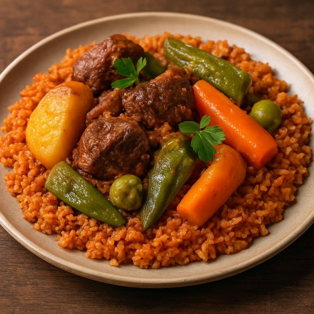 Entree: Senegal – Senegalese Wolof Cuisine – Thiebou Yapp (Wolof-style tomato rice cooked with beef and mixed vegetables) recipe