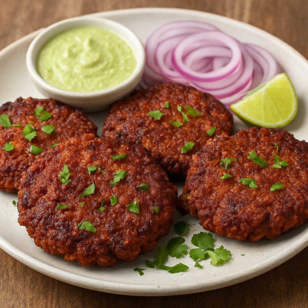 Entree: Pakistan – Khyber Pakhtunkhwa – چپلی کباب ➤ Chapli Kabab (Spiced flattened beef patties pan-fried until crisp) recipe