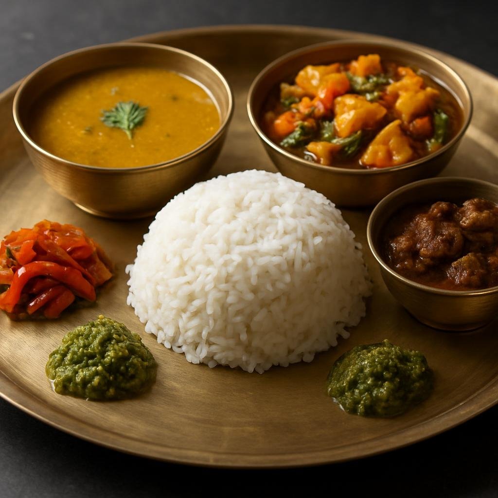 Entree: Nepal – Thakali Cuisine – थकाली खाना सेट ➤ Thakali Khana Set (Traditional Thakali plated meal of steamed rice with dal, vegetable curry, pickle, chutney, and meat curry) recipe