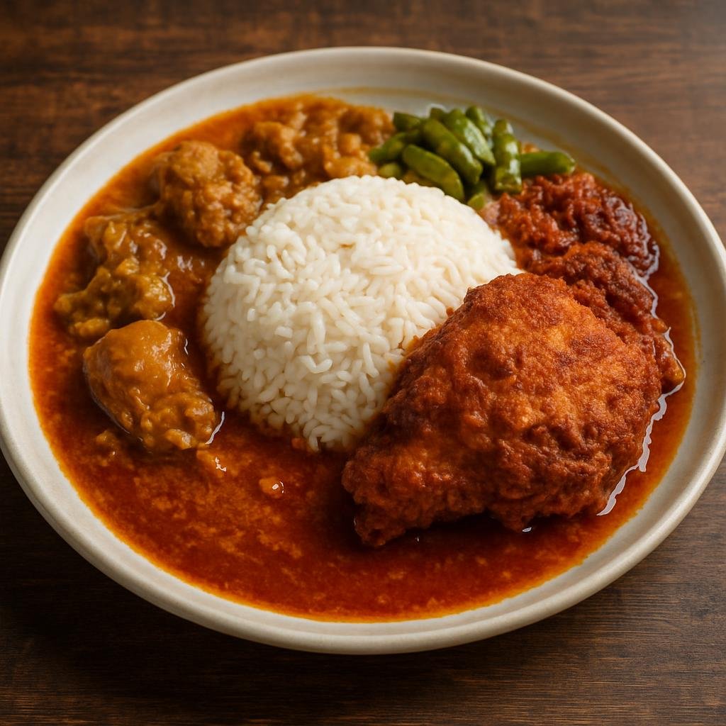 Entree: Malaysia – Penang – Nasi Kandar (Penang-style steamed rice served with a poured mix of spiced gravies, fried chicken, and condiments) recipe