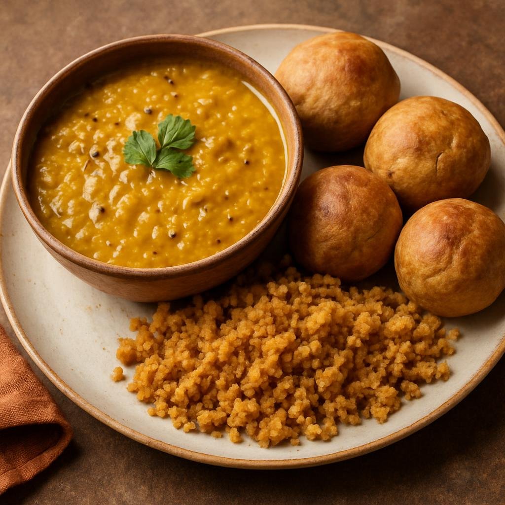 Entree: India – Rajasthan – दाल बाटी चूरमा ➤ Dāl Bāṭī Chūrma (Spiced split lentils served with hard baked wheat dumplings and sweet crumbled wheat, a traditional Rajasthani meal) recipe