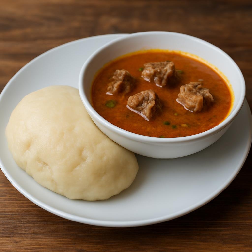 Entree: Ghana – Northern Ghana – Fufu with Light Soup (Pounded cassava and plantain dough served with a clear, spiced tomato-based meat soup) recipe