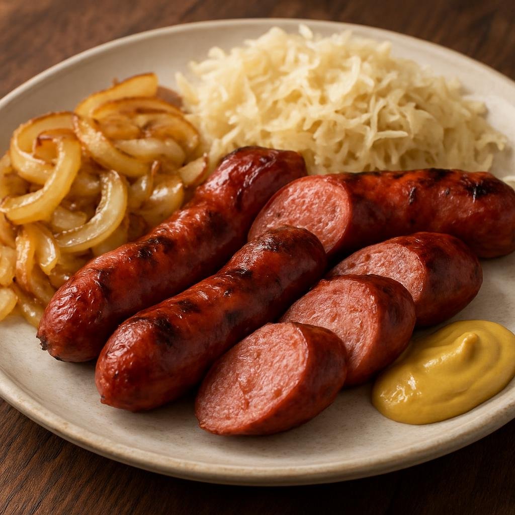 Entree: United States – Upper Midwest – Polish Sausage (Smoked or fresh Polish pork sausage commonly grilled or pan-fried and served with sautéed onions, sauerkraut, and mustard) recipe