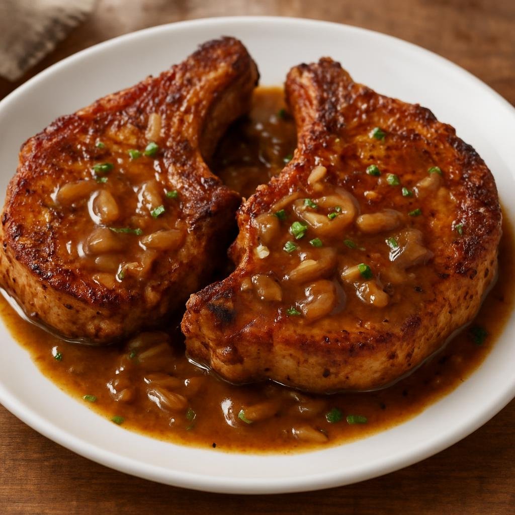 Entree: United States – Cajun Louisiana – Cajun Pork Chops (Pan-seared bone-in pork chops seasoned with a Cajun spice rub and finished with a peppery onion pan gravy) recipe