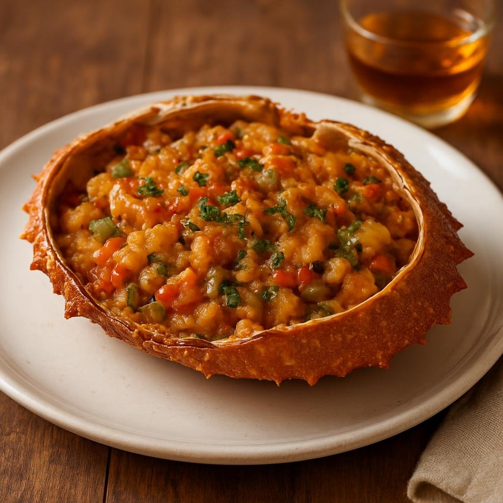 Entree: Spain – Basque Country – Txangurro (Baked spider crab prepared in its shell with sautéed vegetables and brandy) recipe