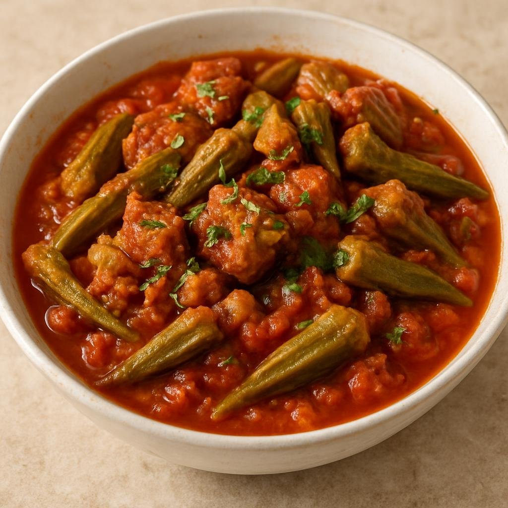 Entree: Egypt – Nubian Egypt – بامية ➤ Bamiya (Tomato-based okra stew with tender meat simmered until thick) recipe