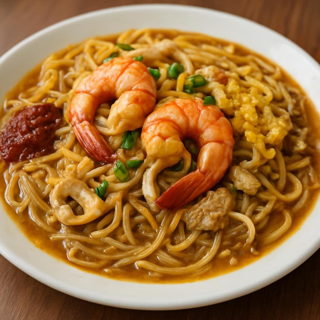 Entree: Singapore – Singapore Hawker Cuisine – Hokkien Mee (Stir‑fried yellow noodles and rice vermicelli with prawns, pork and squid in a rich prawn‑pork broth, finished with egg and sambal) recipe
