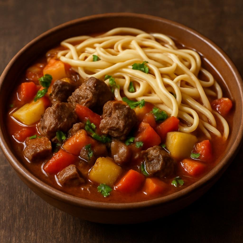 Entree: Russia – Cossack Cuisine – Лагман ➤ Lagman (Hand-pulled wheat noodles served in a hearty meat and vegetable stew) recipe
