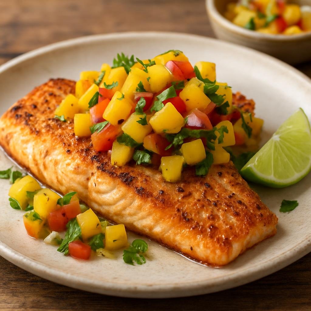 Entree: Australia – Queensland Coast – Coral Trout with Mango Salsa (Pan-seared or grilled coral trout fillets topped with a fresh mango and citrus salsa) recipe