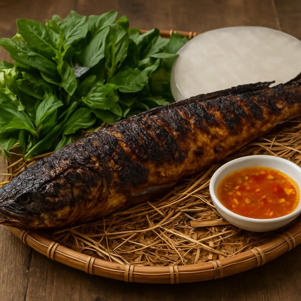 Entree: Vietnam – Mekong Delta – Ca Loc Nuong Trui (Ember-charred whole snakehead fish grilled over flaming straw, served with herbs, rice paper, and dipping sauce) recipe