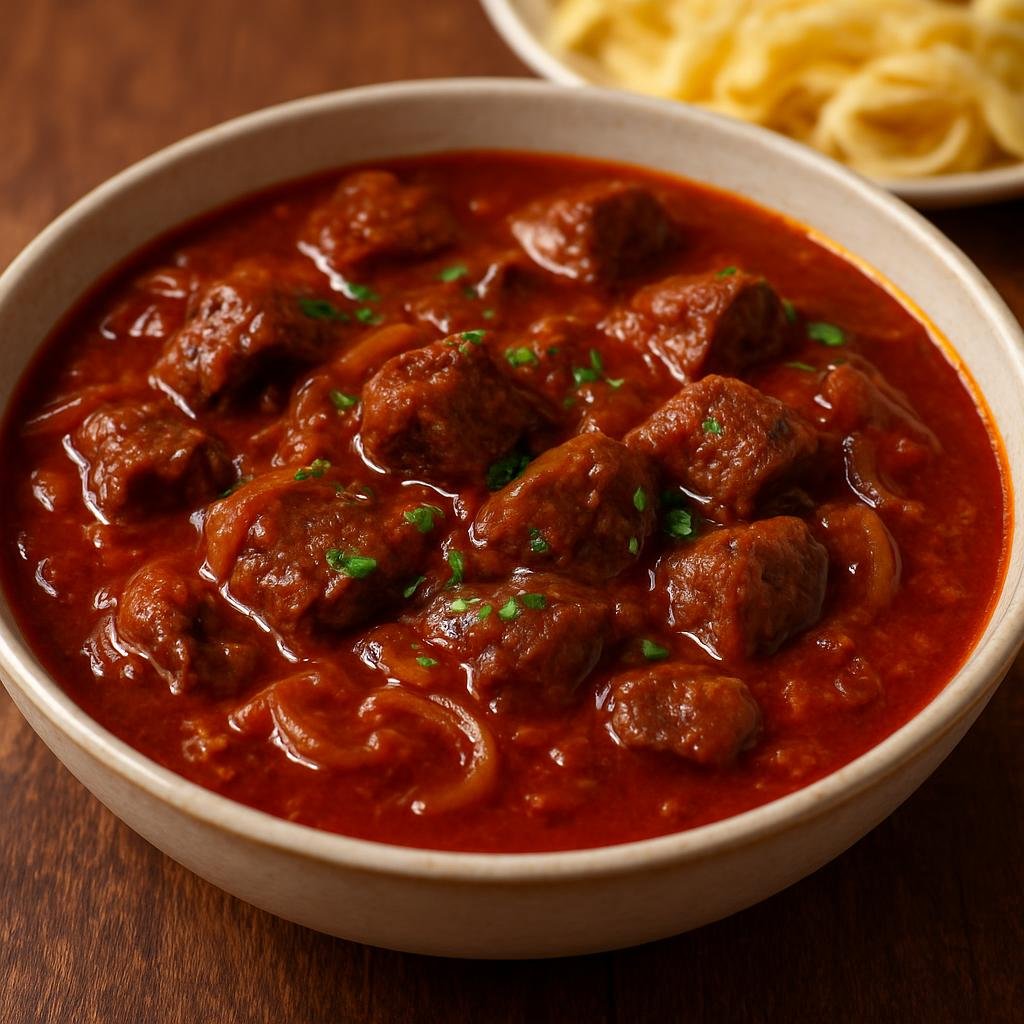 Entree: Austria – Vienna – Gulasch (Hearty Hungarian-style beef stew simmered with onions and sweet paprika typical of Viennese kitchens) recipe