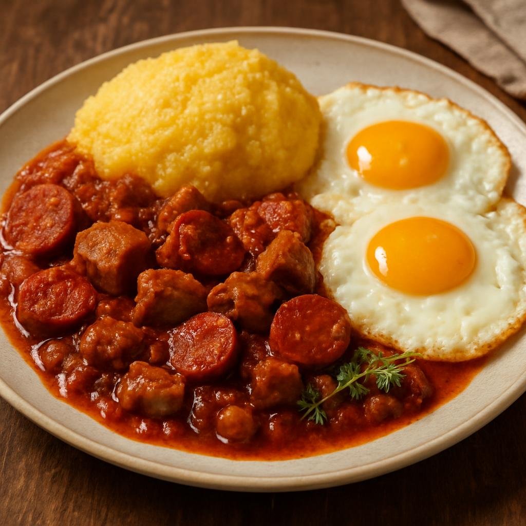 Entree: Romania – Wallachia – Tochitură (Hearty Romanian pork and sausage stew simmered in a rich tomato-wine sauce, traditionally served with polenta and fried eggs) recipe