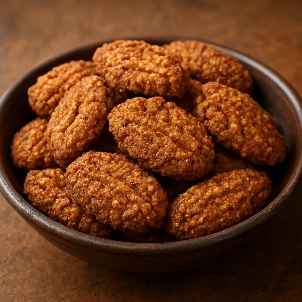Entree: India – Bihar & Jharkhand – ठेकुआ ➤ Thekua (Crisp deep-fried spiced whole-wheat cookies sweetened with jaggery) recipe