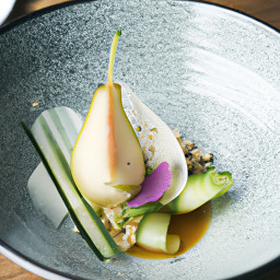 Appetizer: Japan – 梨ときゅうりのサラダ（生姜ポン酢と炒り胡麻） ▶ Nashi to Kyūri no Sarada (Shōga Ponzu to Iri Goma) (Pear and Cucumber Salad with Ginger Ponzu and Toasted Sesame) recipe
