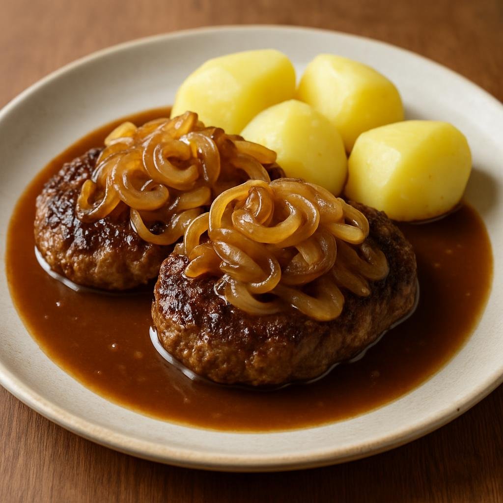 Entree: Denmark – Jutland – Hakkebøf med Bløde Løg (Pan-fried Danish beef patties topped with soft, butter-steeped onions and brown gravy) recipe