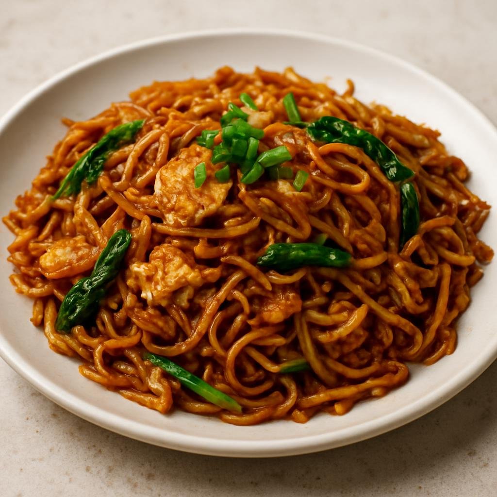 Entree: Singapore – Singapore Hawker Cuisine – Mee Goreng (Stir-fried seasoned noodles with egg, vegetables, and a savory-sweet sauce) recipe