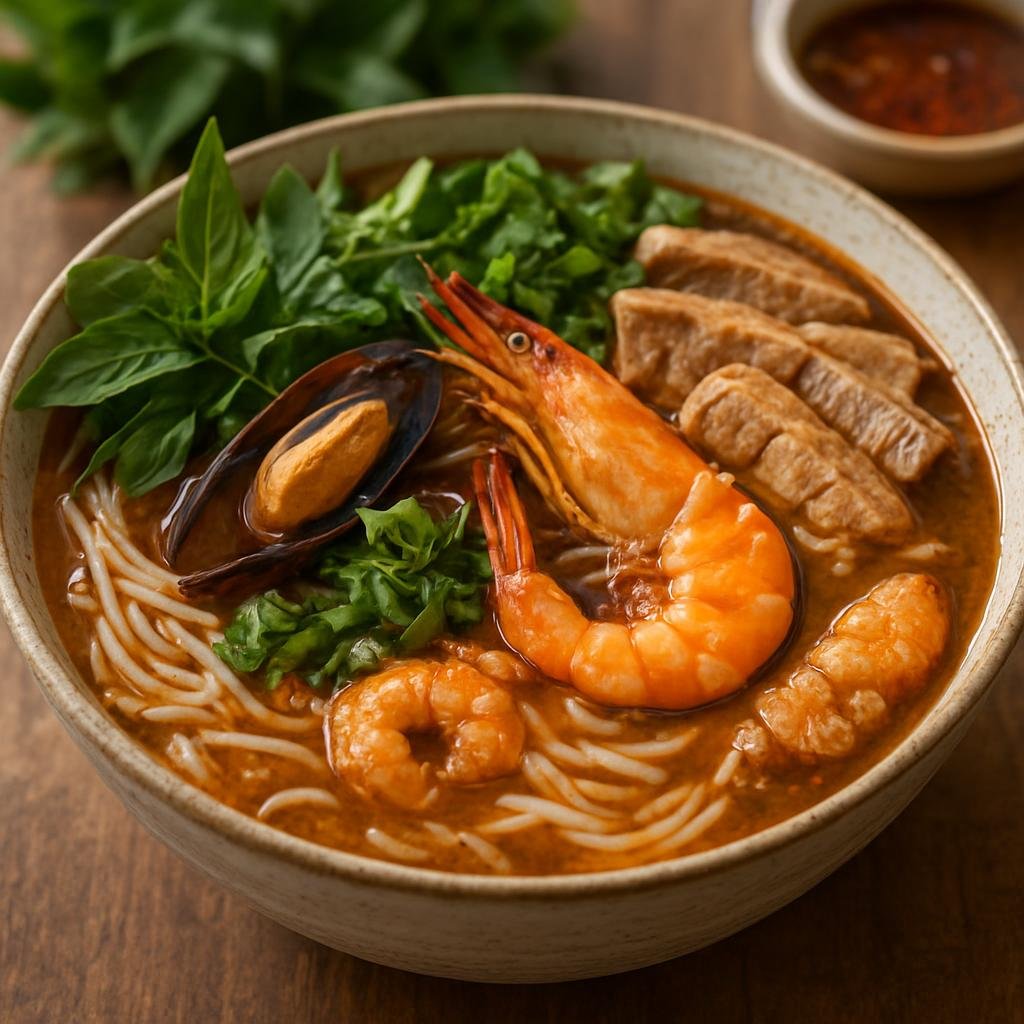 Entree: Vietnam – Mekong Delta – Bun Mam (Fermented-fish based Mekong-Delta noodle soup with rice vermicelli, seafood, pork and fresh herbs) recipe