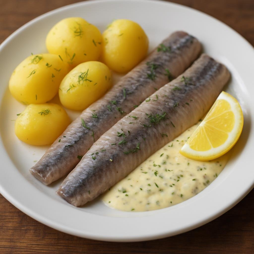 Entree: Germany – Hamburg & North Sea – Matjesfilet (Mild young North Sea herring fillets pickled and served with potatoes and a creamy mustard-dill sauce) recipe