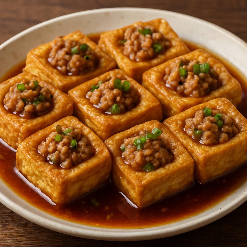 Entree: China – Fujian – 客家酿豆腐 ➤ Kèjiā Niàng Dòufu (Hakka-style firm tofu squares filled with seasoned minced pork and braised in savory sauce) recipe
