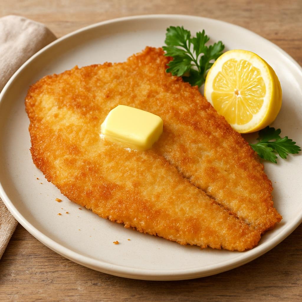 Entree: Denmark – Jutland – Rødspættefilet (Lightly breaded and pan-fried plaice fillets served with butter, lemon, and parsley) recipe