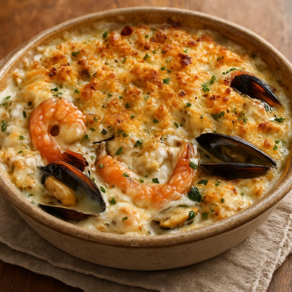 Entree: France – Brittany – Gratin de Fruits de Mer (Baked mixed seafood in a creamy, wine-flavored sauce topped with cheese and breadcrumbs) recipe