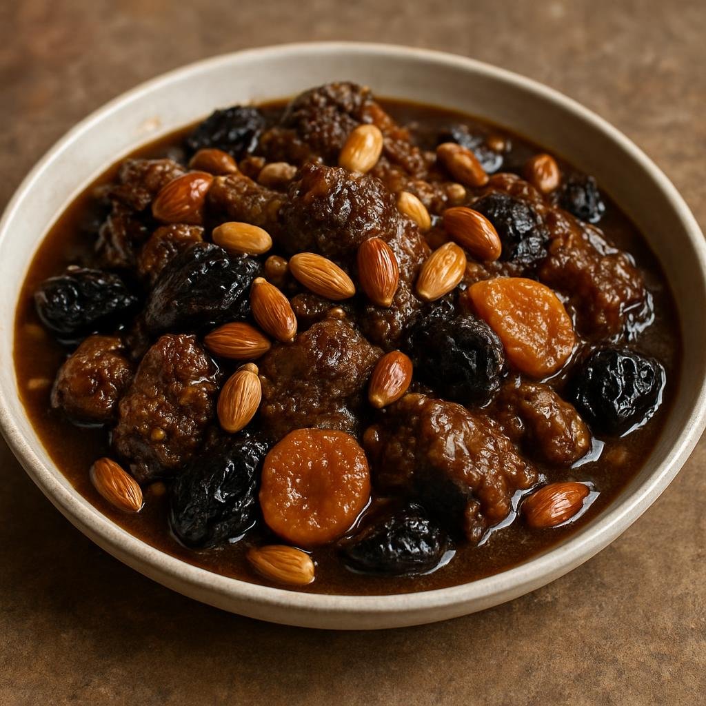 Entree: Morocco – Marrakesh – مرزية ➤ Mrouzia (Sweet-spiced Moroccan lamb stew with honey, almonds, and dried fruit) recipe