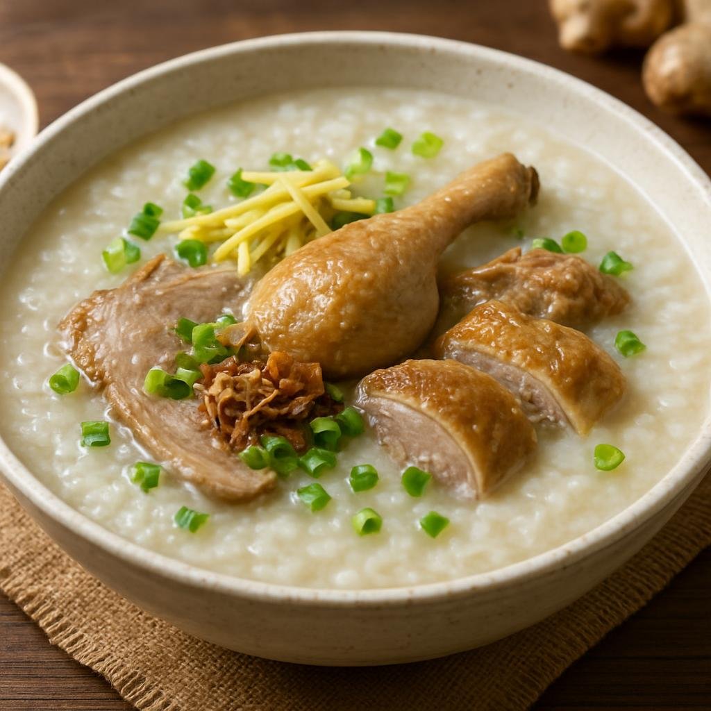 Entree: Vietnam – Mekong Delta – Vit Nau Chao (Duck simmered into a savory rice porridge scented with ginger and aromatics) recipe