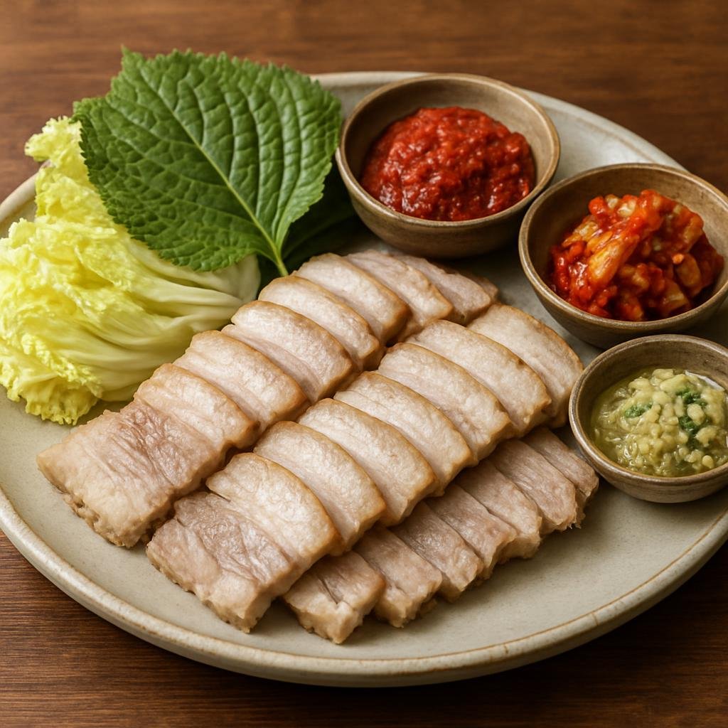 Entree: South Korea – Seoul & Gyeonggi – 보쌈 ➤ bossam (Sliced boiled pork belly served with leafy wraps and savory condiments) recipe