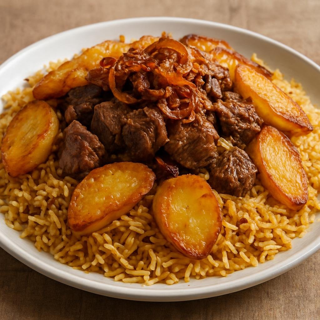Entree: Syria – Syrian Kurdish Cuisine – Kurdish Biryani (Spiced layered rice cooked with tender lamb, fried potatoes and caramelized onions) recipe