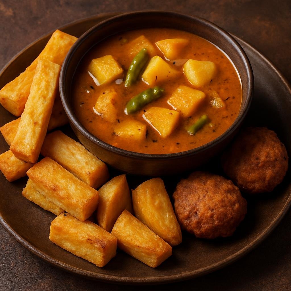 Entree: Tanzania – Zanzibar – Urojo (Tangy, savory Zanzibari street soup of tamarind-mango broth served with fried cassava, potatoes and fritters) recipe