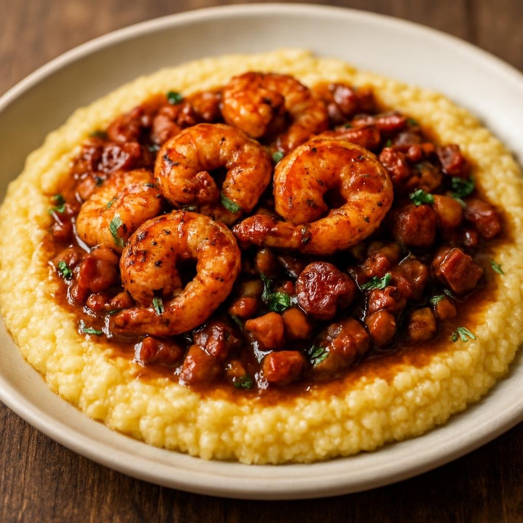 Entree: United States – Cajun Louisiana – Cajun Shrimp and Grits (Creamy cornmeal grits topped with spicy Cajun-seasoned shrimp and a savory bacon-and-sausage sauce) recipe