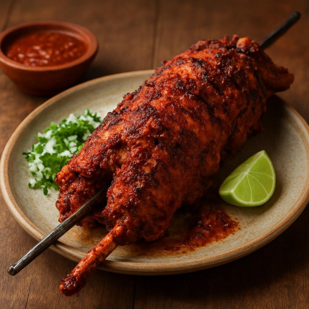 Entree: Mexico – Durango & Zacatecas – Cabrito al Pastor (Young goat marinated with chilies and spices and slow-roasted in the traditional northern Mexican spit-roast style) recipe