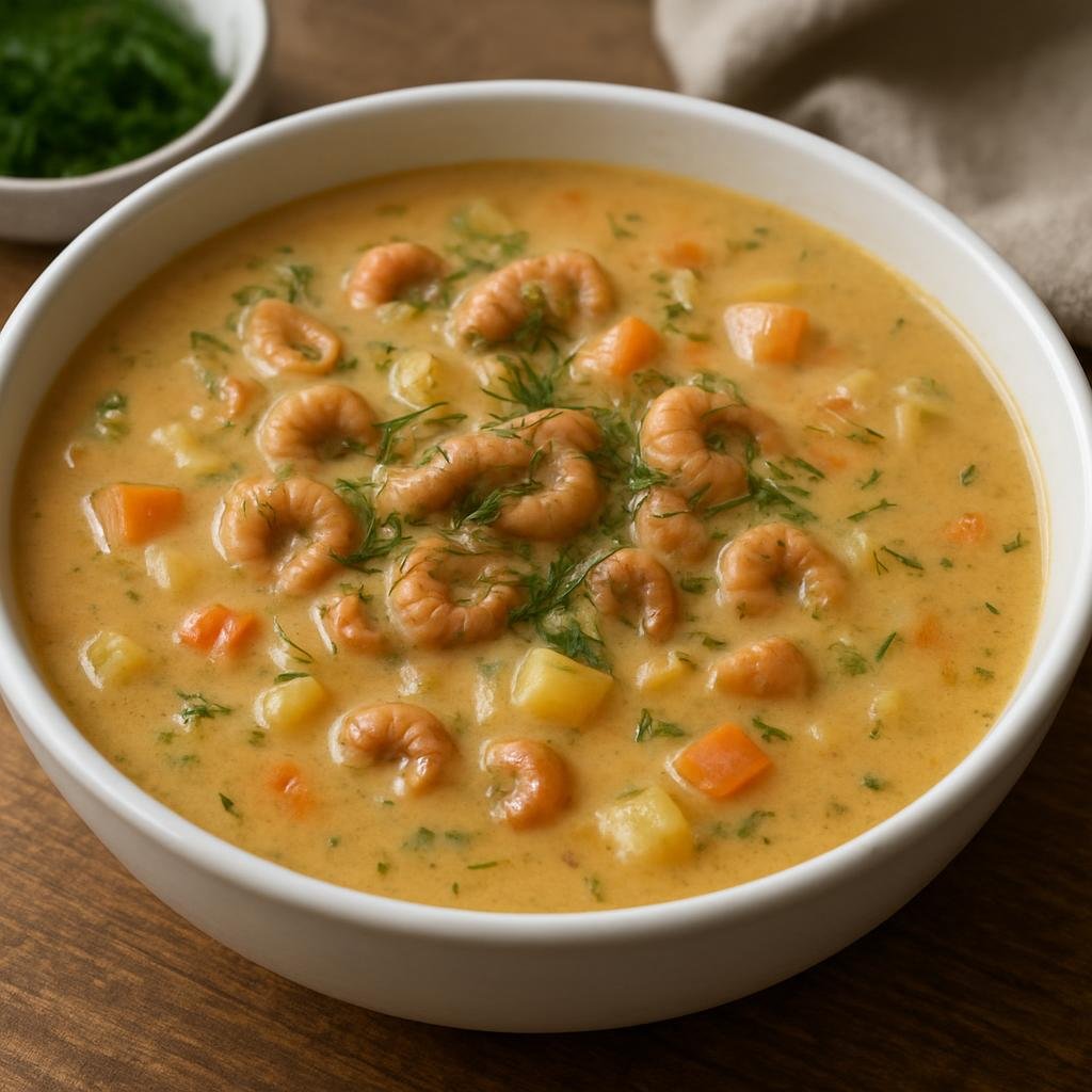 Entree: Germany – Hamburg & North Sea – Büsumer Krabbensuppe (A creamy North Sea-style brown shrimp soup with aromatic vegetables and fresh dill) recipe