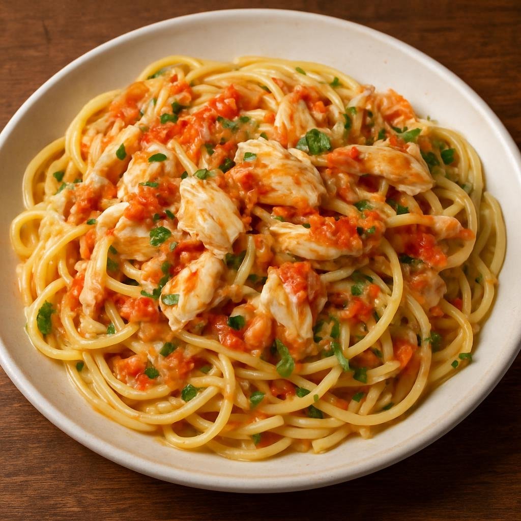 Entree: Australia – Queensland Coast – Spanner Crab Linguine (Linguine pasta tossed with sweet spanner crab meat in a light garlic, tomato, white wine and herb sauce) recipe