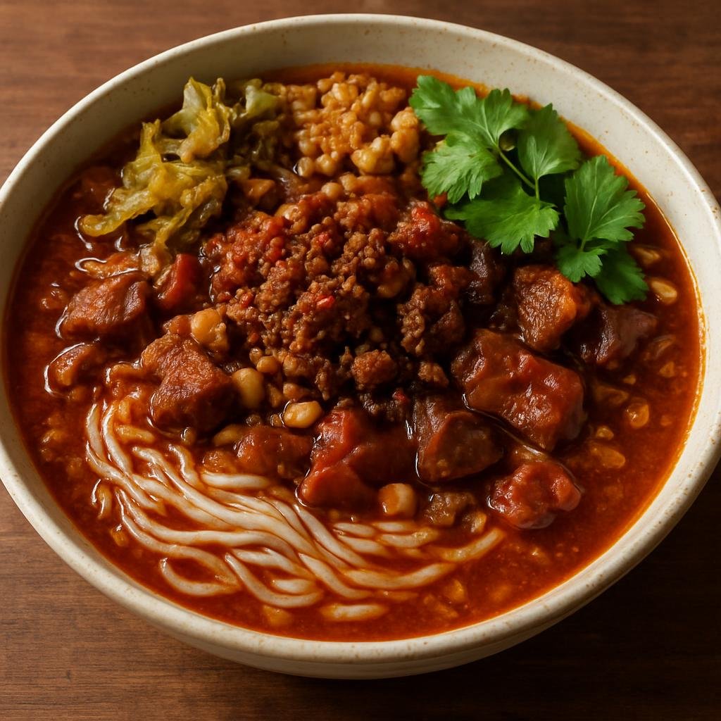 Entree: Thailand – Northern Thailand – ขนมจีน น้ำเงี้ยว ➤ Khanom jeen nam ngiao (Northern Thai rice noodles served in a tangy, spicy pork-and-tomato broth with fermented soybean and savory toppings) recipe