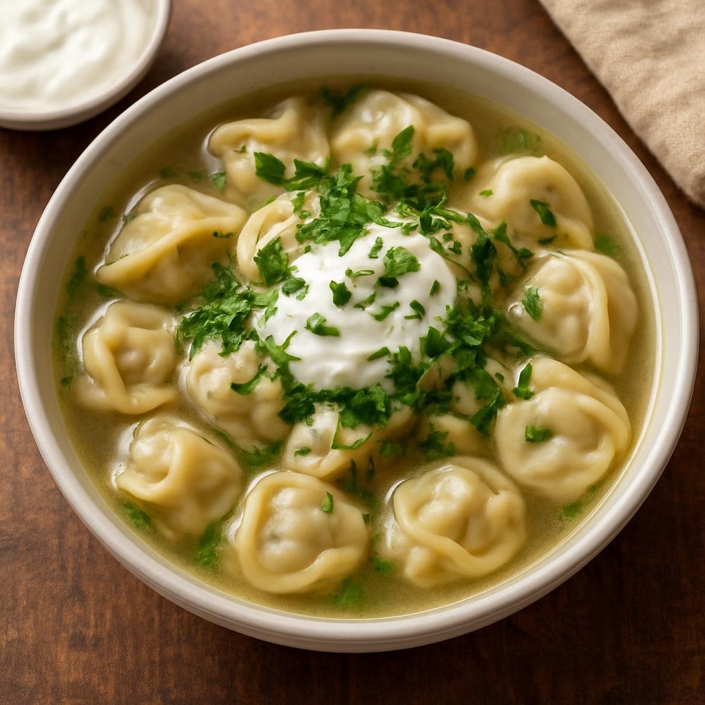 Entree: Uzbekistan – Tashkent – Chuchvara (Small Uzbek boiled dumplings filled with spiced lamb or beef, served in a clear broth or with yogurt and fresh herbs) recipe