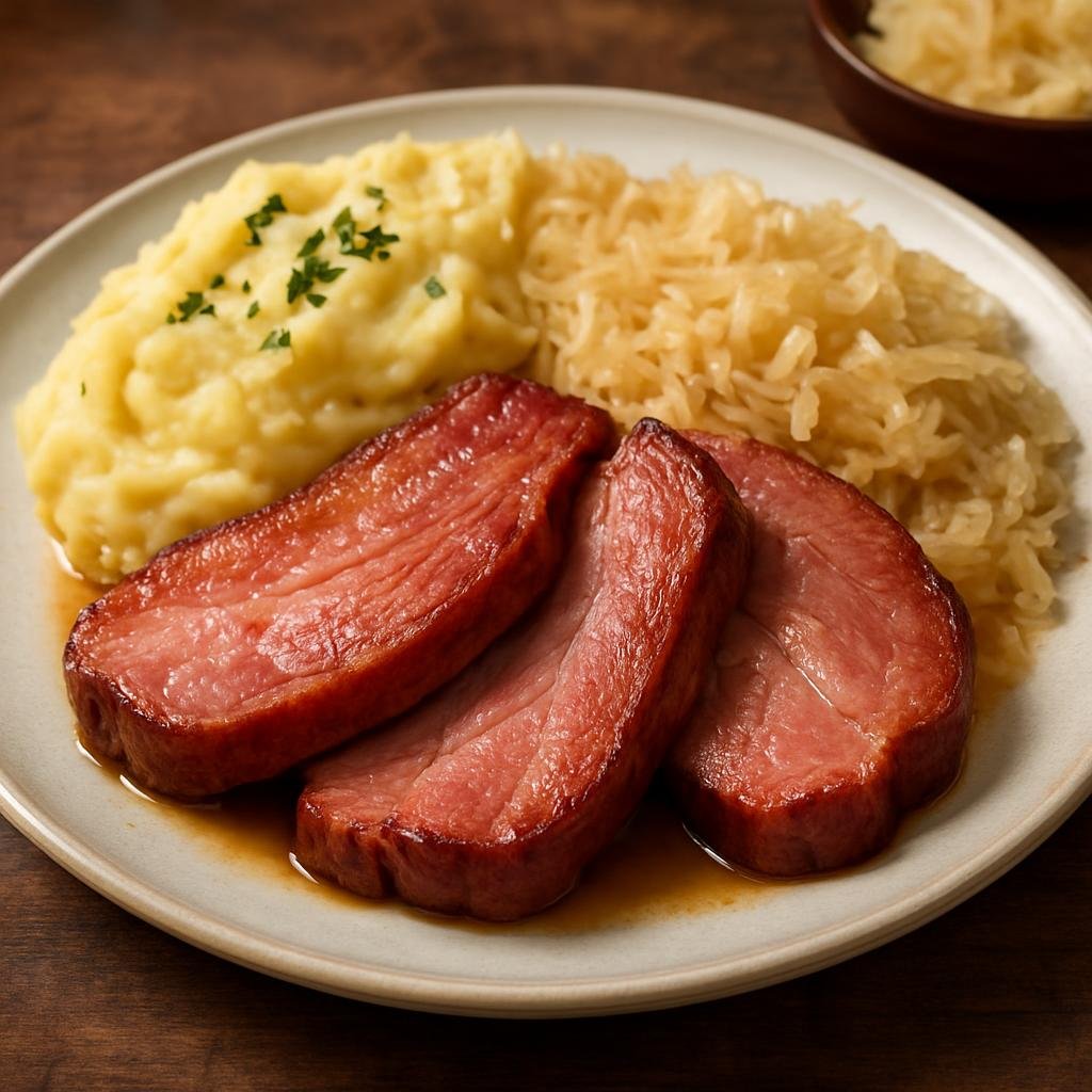 Entree: Germany – Hesse – Frankfurter Rippchen (Cured and smoked pork cutlets gently simmered and served with sauerkraut and mashed potatoes) recipe