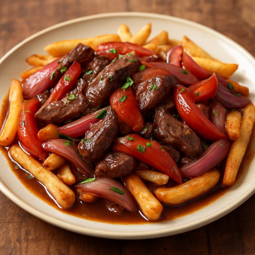 Entree: Peru – Lima / Criollo – Lomo Saltado (Stir-fried beef with onions, tomatoes, and fries in a tangy soy-vinegar sauce) recipe
