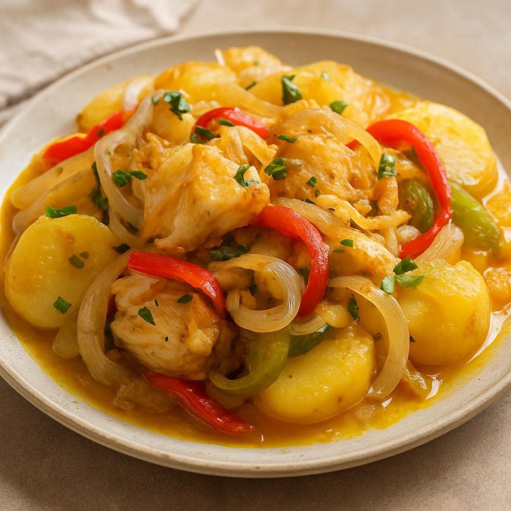 Entree: Portugal – Minho – Bacalhau à Braga (Pan-fried salted cod with onions, potatoes, and peppers in a light wine-and-olive-oil sauce typical of Braga) recipe