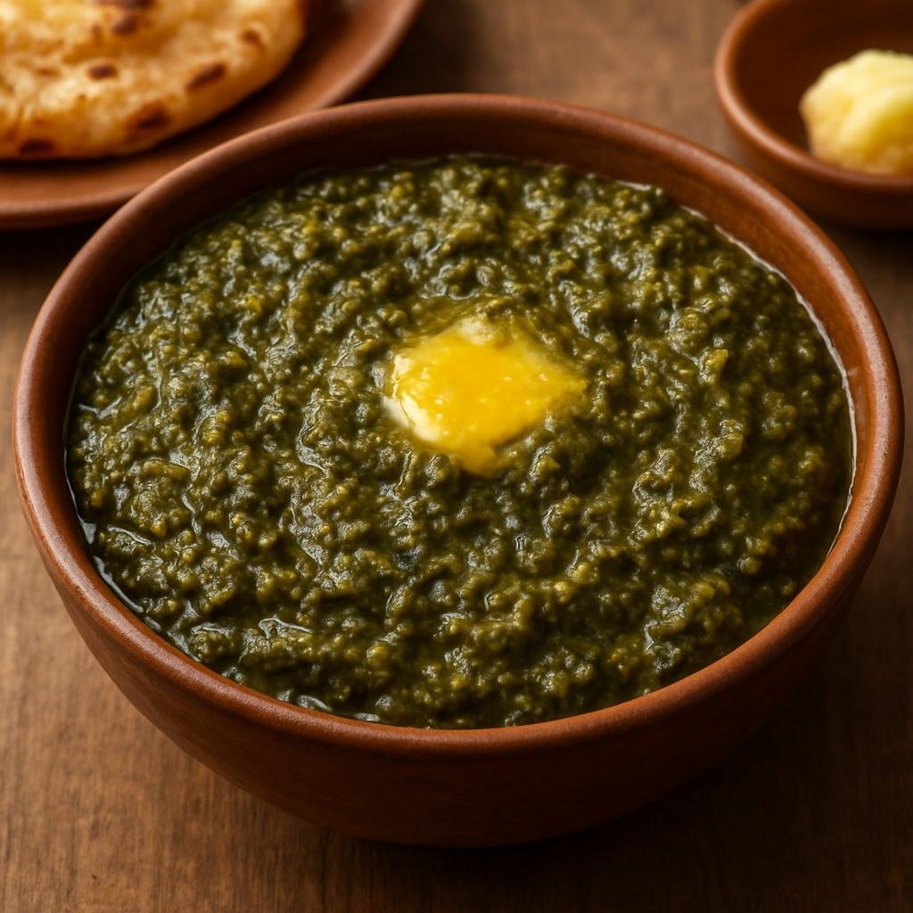 Entree: India – Punjab – ਸਰਸੋਂ ਦਾ ਸਾਗ ➤ Sarson dā sāg (Slow-cooked mustard greens and winter leafy vegetables seasoned and finished with ghee) recipe