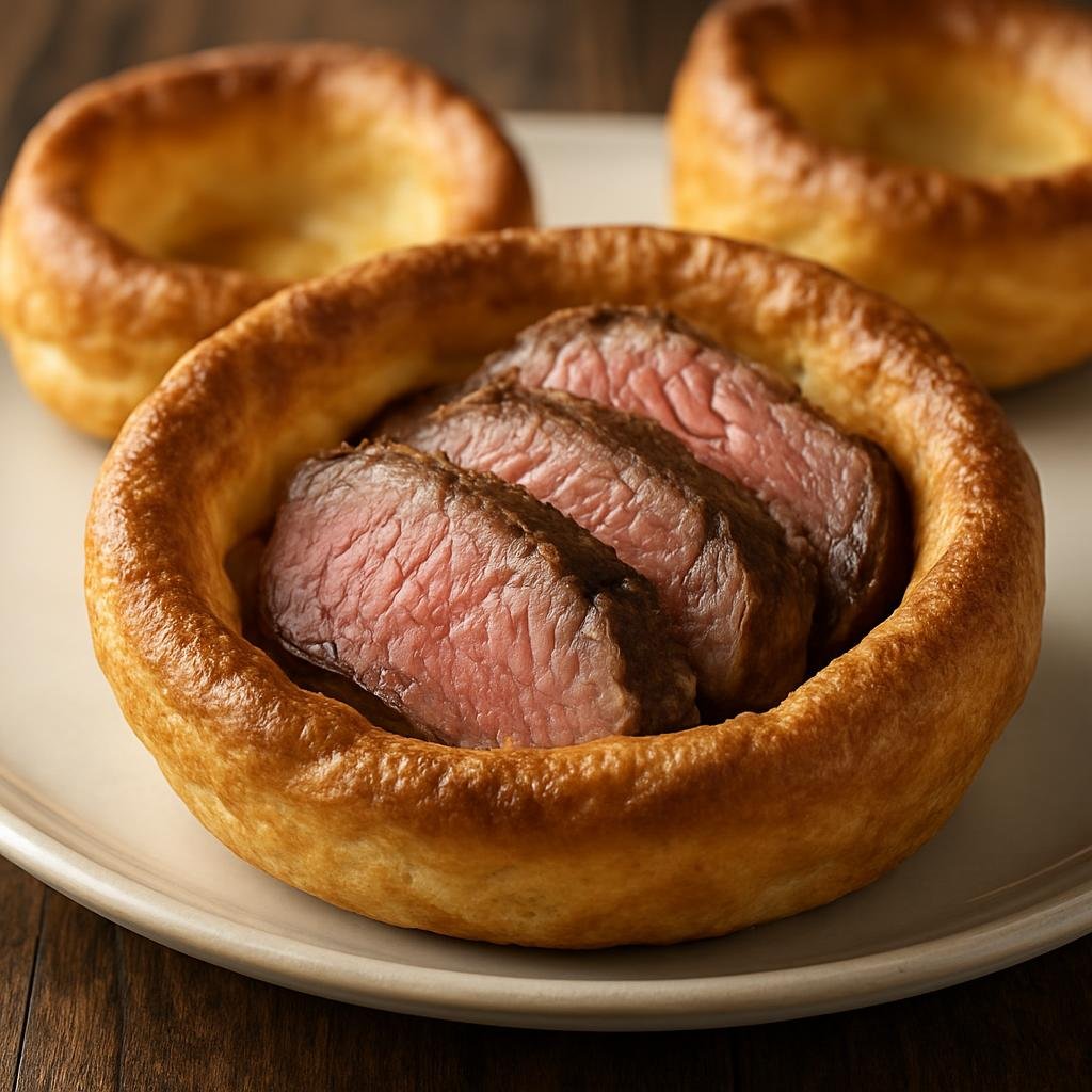 Entree: United Kingdom – England - North – Yorkshire Pudding with Roast Beef (roast beef served with individual baked batter puddings made from eggs, flour, and milk as part of a classic northern English roast) recipe